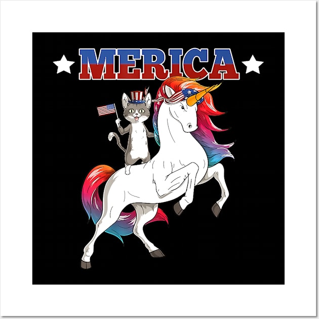 Merica Tabby Cat Unicorn American Flag 4th Of July Wall Art by Jannysingle